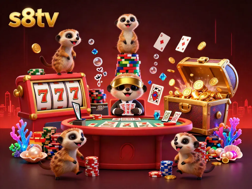 Experience thrilling gaming action at s8tv with lively meerkats managing casino operations amidst vibrant visuals.