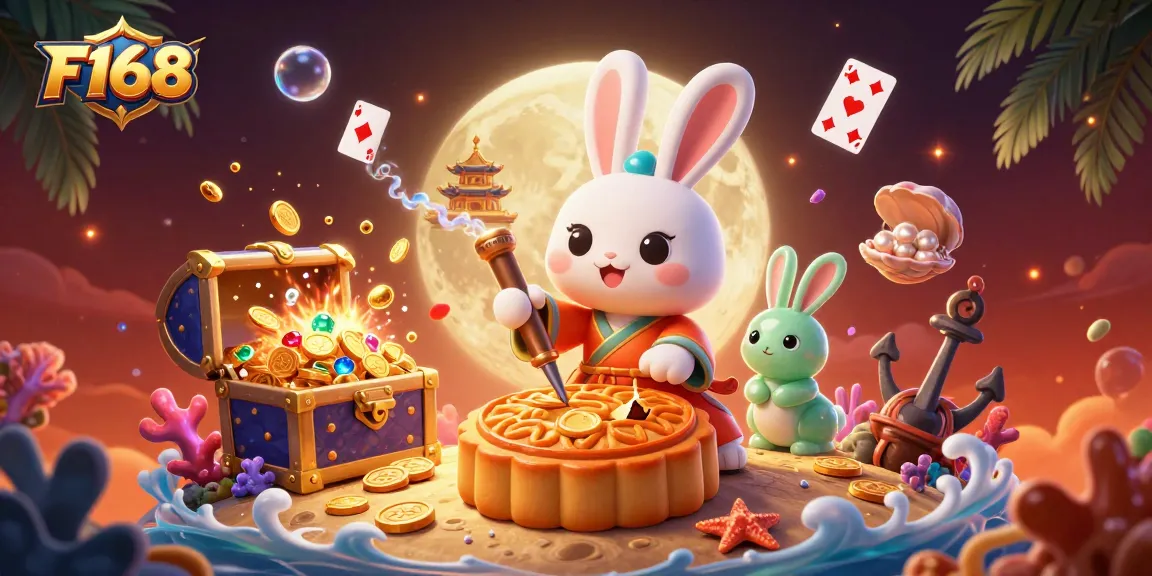 Experience thrilling games at F168 with a magical moon rabbit, poker chips, and casino treasures