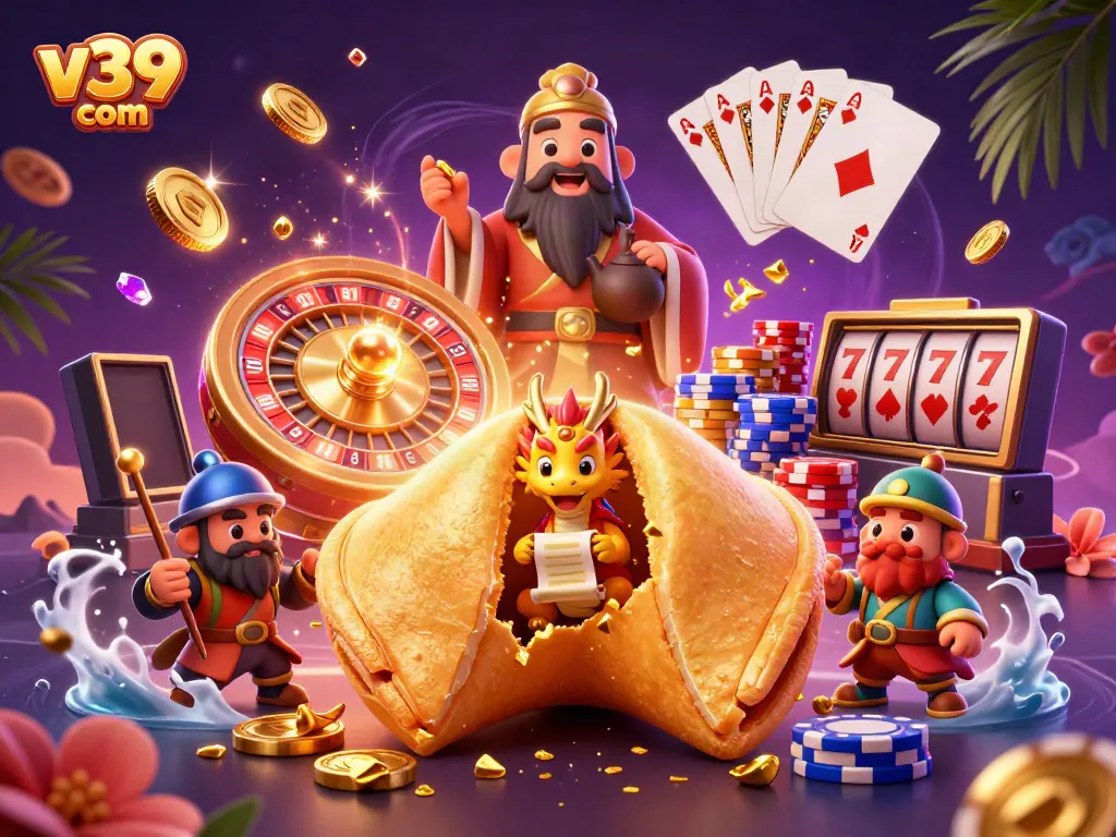 Engage in exciting games at v39 com with golden coins, dynamic characters, and vibrant casino elements.