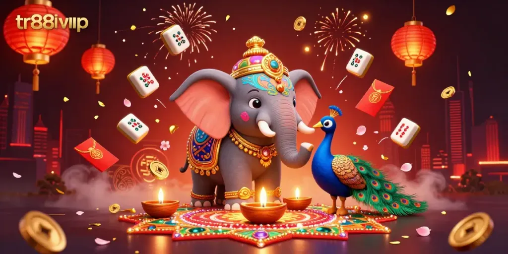 Experience the excitement of gaming with tr88 vip in a vibrant casino-themed scene filled with colorful characters and rich decorations.