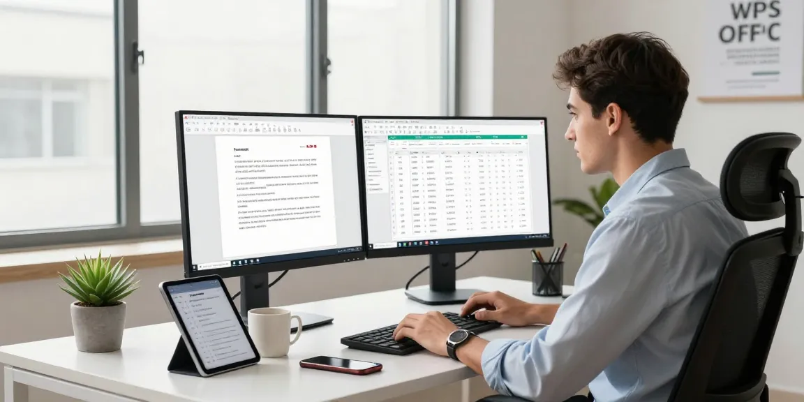 Download WPS Office in a modern office setup with dual screens showcasing productivity tools and a vibrant workspace.