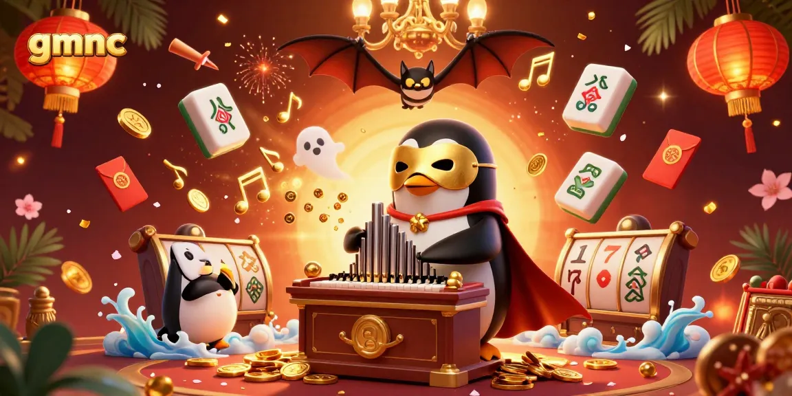Experience gmnc's casino magic with a penguin playing harmoniously, surrounded by vibrant gambling elements.
