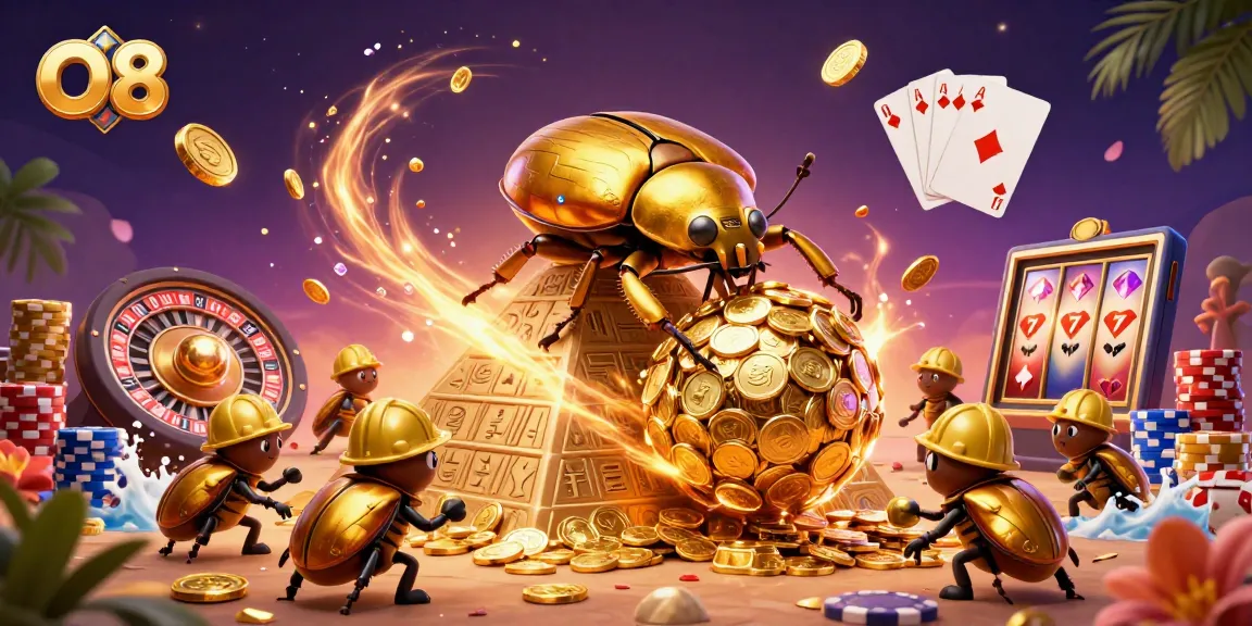 Spin and win at O8’s vibrant casino with golden coins flying and beetles rolling in action!