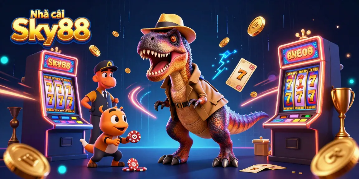 Engage with the thrilling world of Nhà cái Sky88, featuring a velociraptor at a jackpot slot machine amid flying coins and vibrant gaming elements.