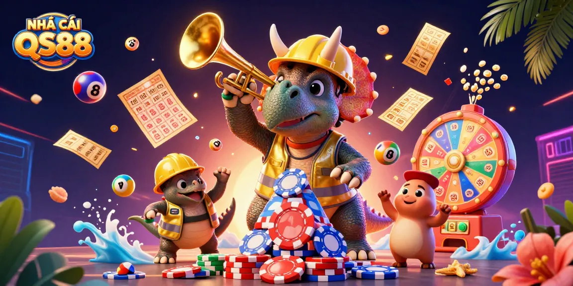 Win big at NHÀ CÁI QS88 with dynamic lottery games and celebratory characters in a vibrant casino scene.