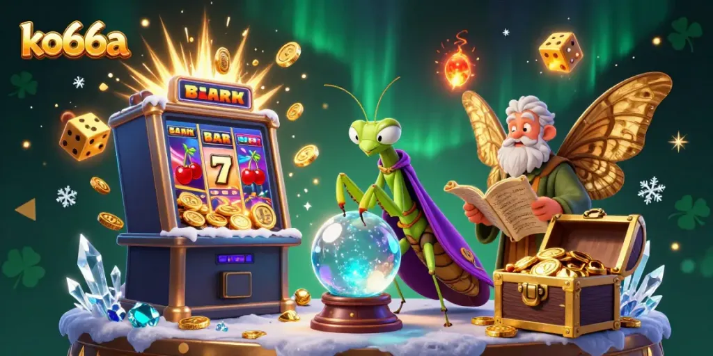 Engage with ko66a at a dynamic casino scene featuring colorful lucky symbols, slot machines, and animated characters.