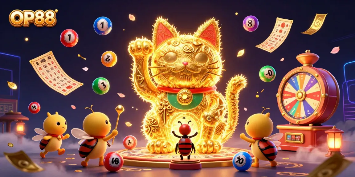 Experience the excitement of OP88 as golden fireflies create lucky symbols and vibrant casino elements.