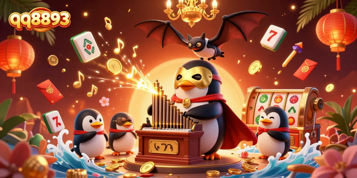 Experience thrilling moments at qq8893 with a playful phantom penguin and vibrant casino elements.