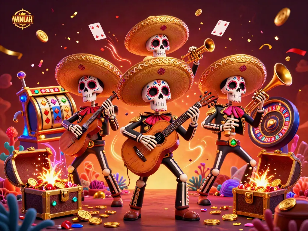 Experience the thrill of WINLAH with a lively mariachi band in a colorful casino setting, featuring games and treasure.