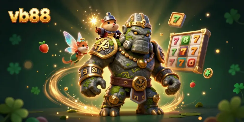 Join the excitement at vb88 with a vibrant casino scene featuring a magical golem, fairy, and hamster knight.