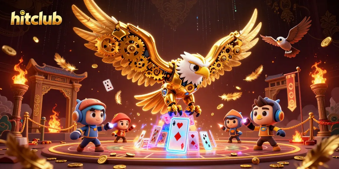Hitclub showcases a thrilling dive of a golden eagle amidst holographic cards in a vibrant casino scene.