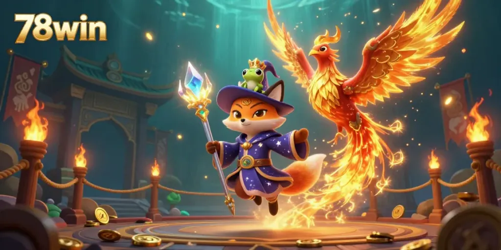 Experience thrilling gaming moments at 78win with a magical 3D wizard and phoenix scene.
