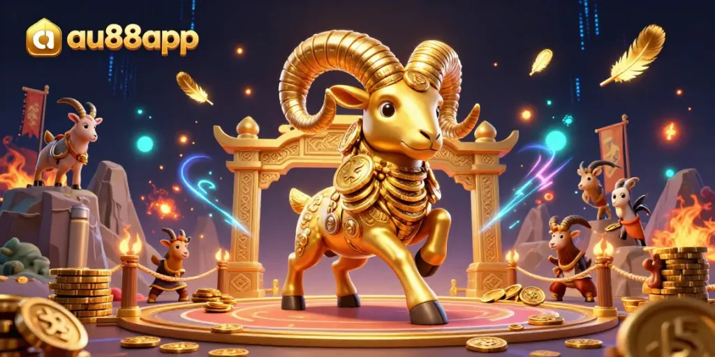 Experience thrilling casino action with au88app’s dynamic golden ram and chip-stacked goats in this vibrant 3D illustration.