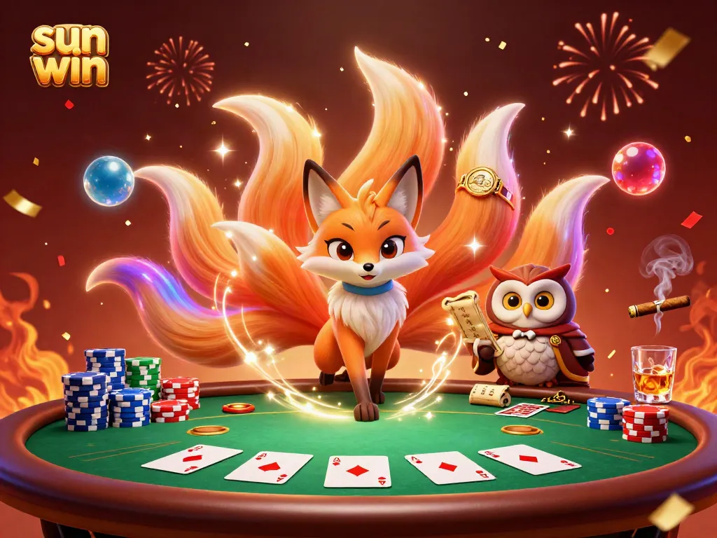 Join the thrilling action at Sun Win, featuring a vibrant 3D illustration of a glowing fox spirit and an owl sage amidst a colorful casino scene.