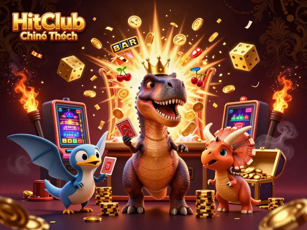 Experience thrill at HitClub Chính Thức with a dynamic casino-themed 3D illustration featuring exciting game elements.
