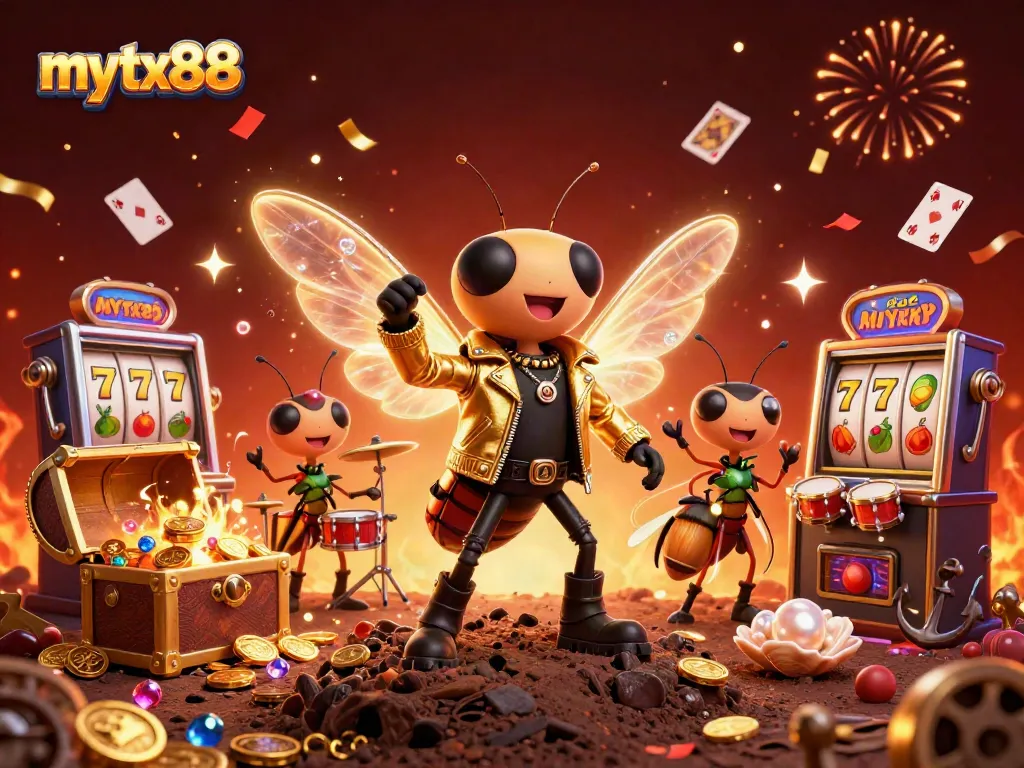 Mytx88 slots showcase excitement with buzzing cicada rock star, gold coins, and vibrant playing cards.