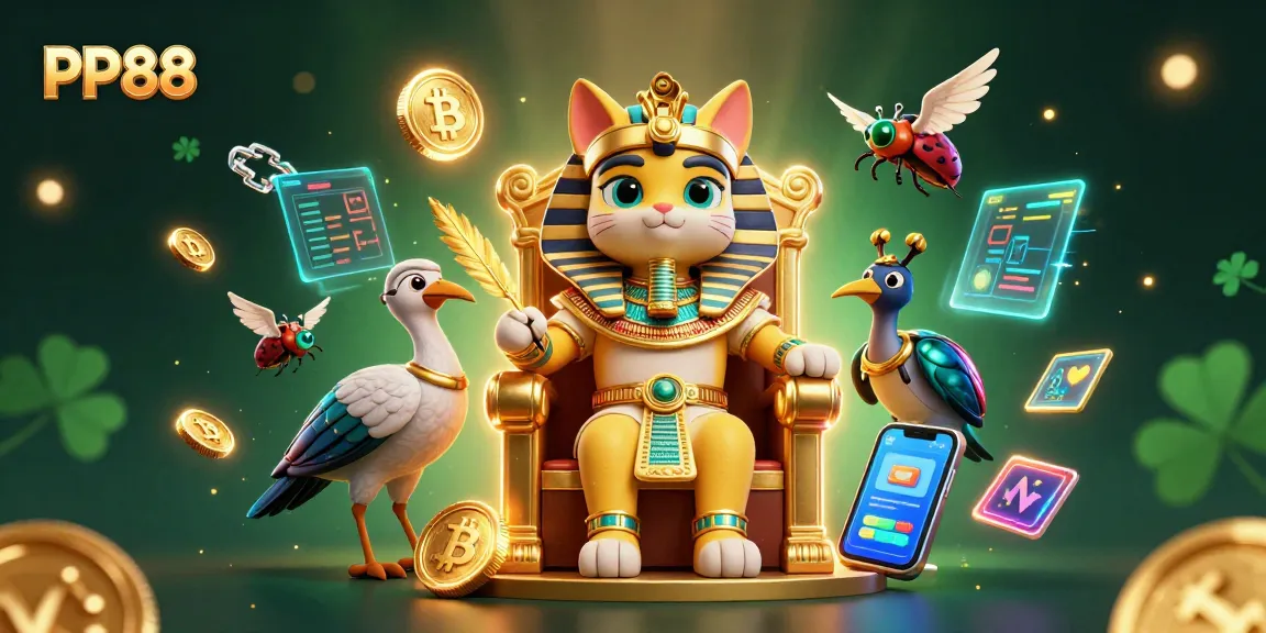 Experience exciting gameplay at PP88 with Egyptian-themed royalty and vibrant cryptocurrency elements.