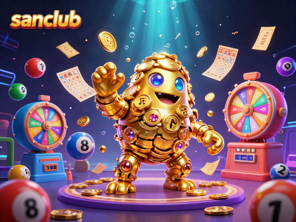 Experience thrilling gameplay with sanclub featuring a dynamic golden golem surrounded by vibrant lottery elements.