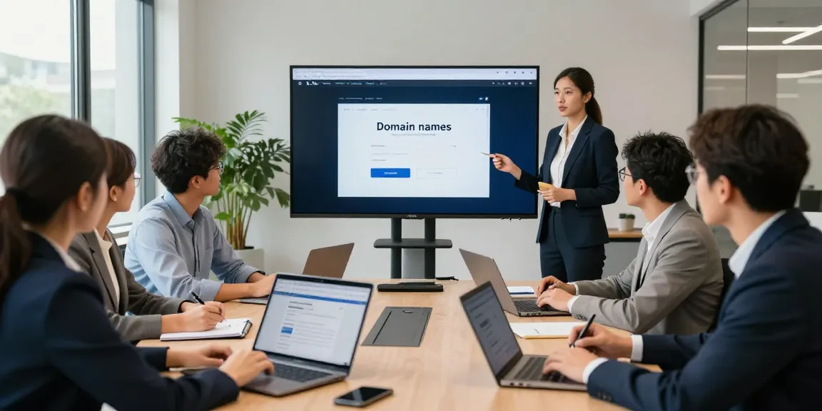 Een team bespreekt het domeinnaam kopen in een moderne kantooromgeving met presentatieschermen en laptops.