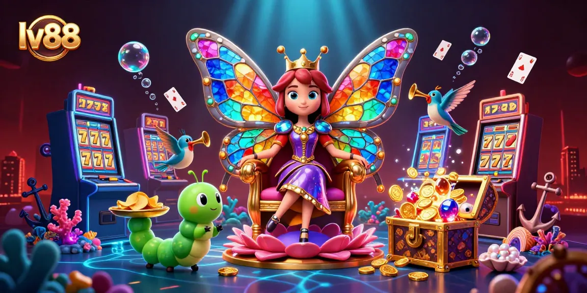 Experience the thrill of lv88 with a colorful casino-themed illustration featuring a butterfly queen amidst slot machines and treasure.