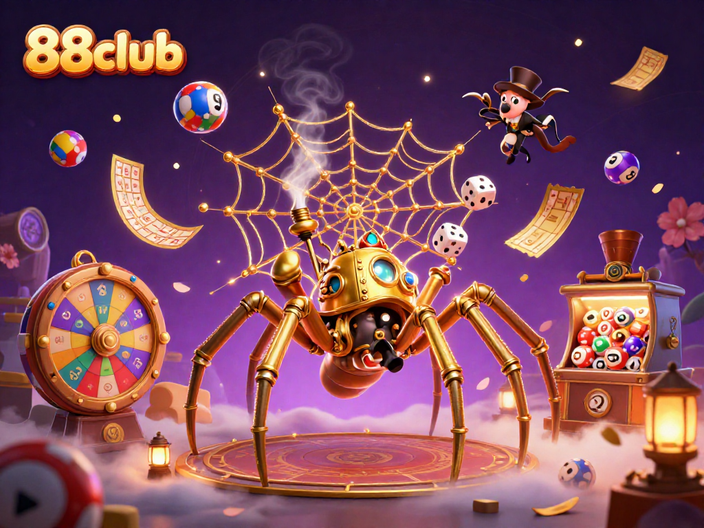 Immerse in the vibrant world of 88club with golden spider webbing luck, floating bingo balls, and engaging prizes.