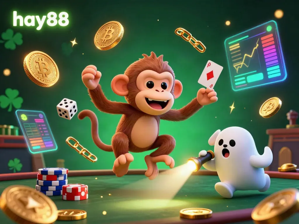 Experience the thrill of hay88 as a playful monkey juggles gold coins in an enchanted casino setting.