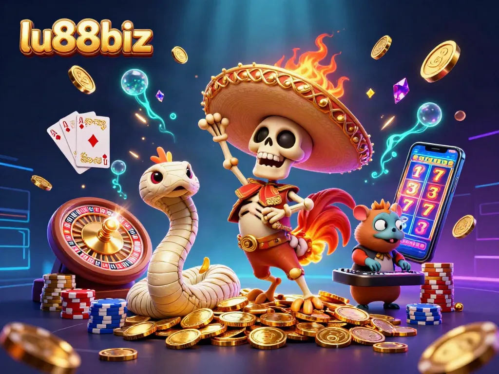 Experience thrilling wins at lu88biz with a vibrant casino scene featuring energetic characters.