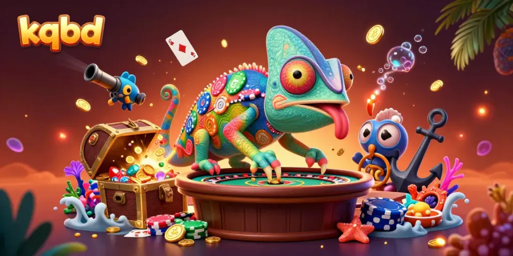 Catching golden coins in a casino scene featuring vibrant chameleon and colorful gems reflecting kqbd excitement.