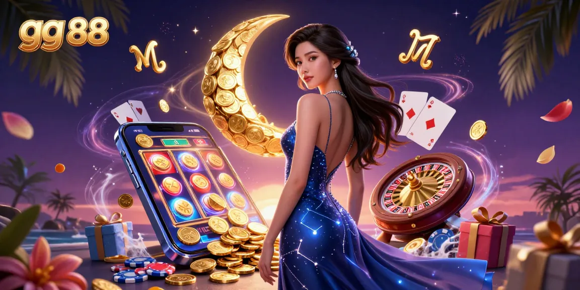 Win big with gg 88 as elegant Asian woman captivates amidst vibrant casino elements.