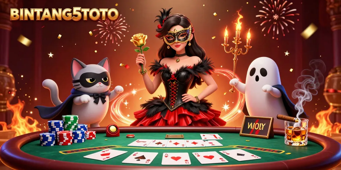BINTANG5TOTO showcases a stunning casino scene with a dazzling woman, a phantom cat, poker elements, and celebration effects.