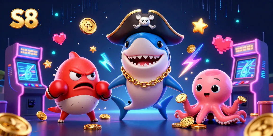 S8 offers exhilarating gaming with a cartoon shark, pufferfish, and octopus amid vibrant casino scenes