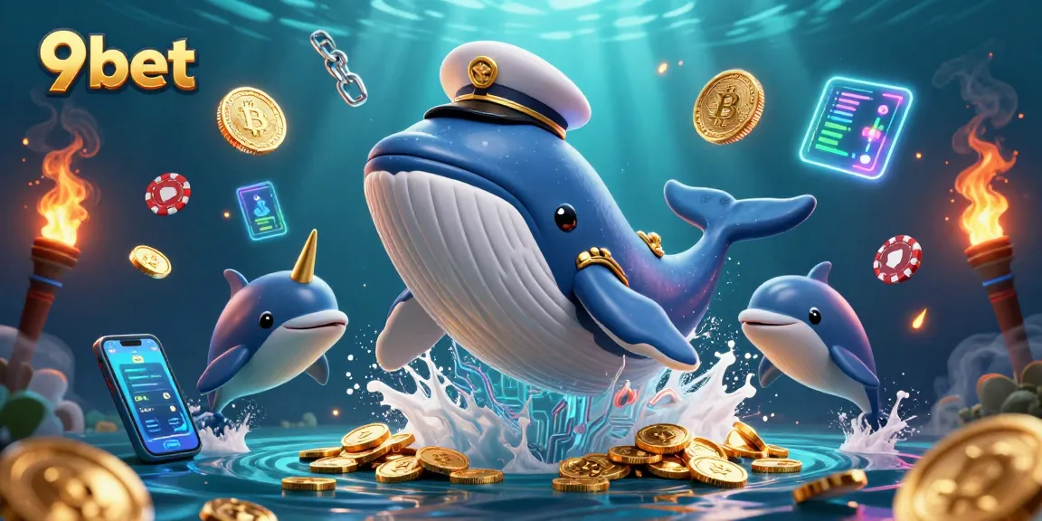 Experience the thrilling world of 9bet with a vibrant underwater scene featuring a captain whale, narwhal, and playful dolphins.