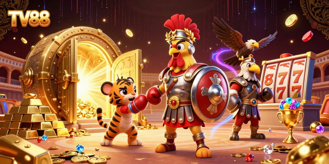Spin the jackpot reels in a luxurious TV88 casino setting with 3D animated characters.