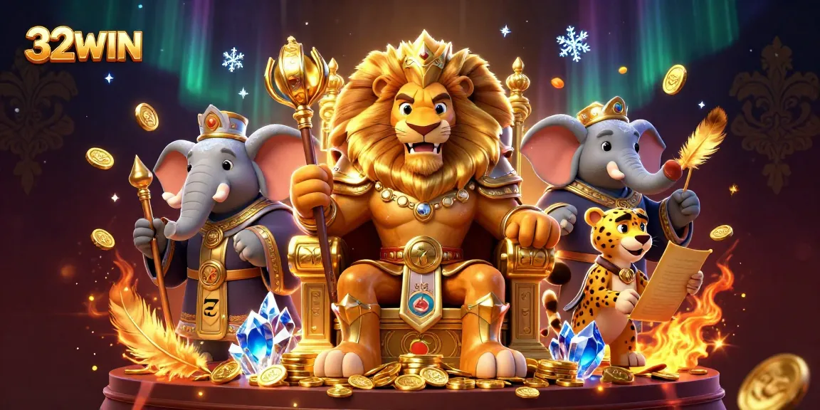 32WIN showcases an exciting casino scene with a lion king, elephant advisor, and cheetah messenger.