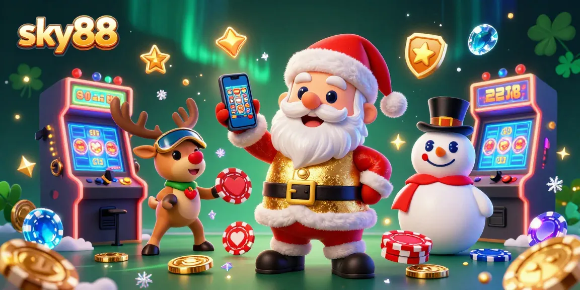 Experience thrilling jackpots at sky88 with Santa, his reindeer dealer, and a poker chip snowman.