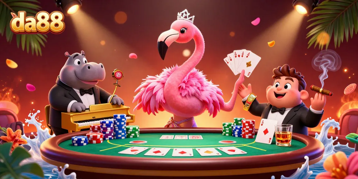 Play and win at da88 with a vibrant casino scene featuring colorful poker elements and lively characters.