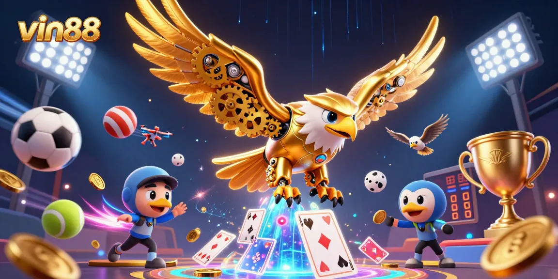 Experience thrilling plays at vin88, featuring an eagle diving through vibrant casino-themed elements.