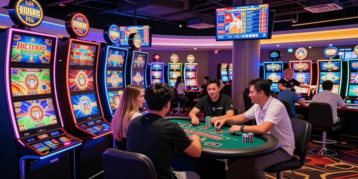 KO66 Casino gaming scene with enthusiastic players and vibrant slot machines.