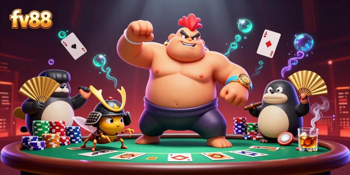 fv88 engages in a grand poker scene with cartoon characters around vibrant poker elements.
