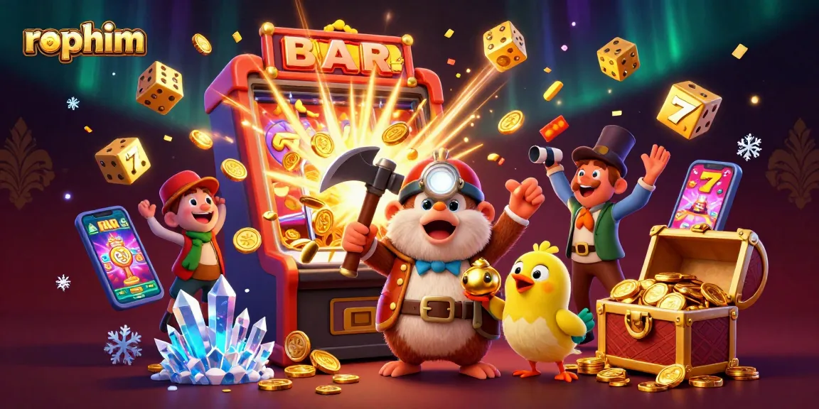 Win big with rophim in a packed casino scene featuring a jackpot slot machine and vibrant gaming elements.