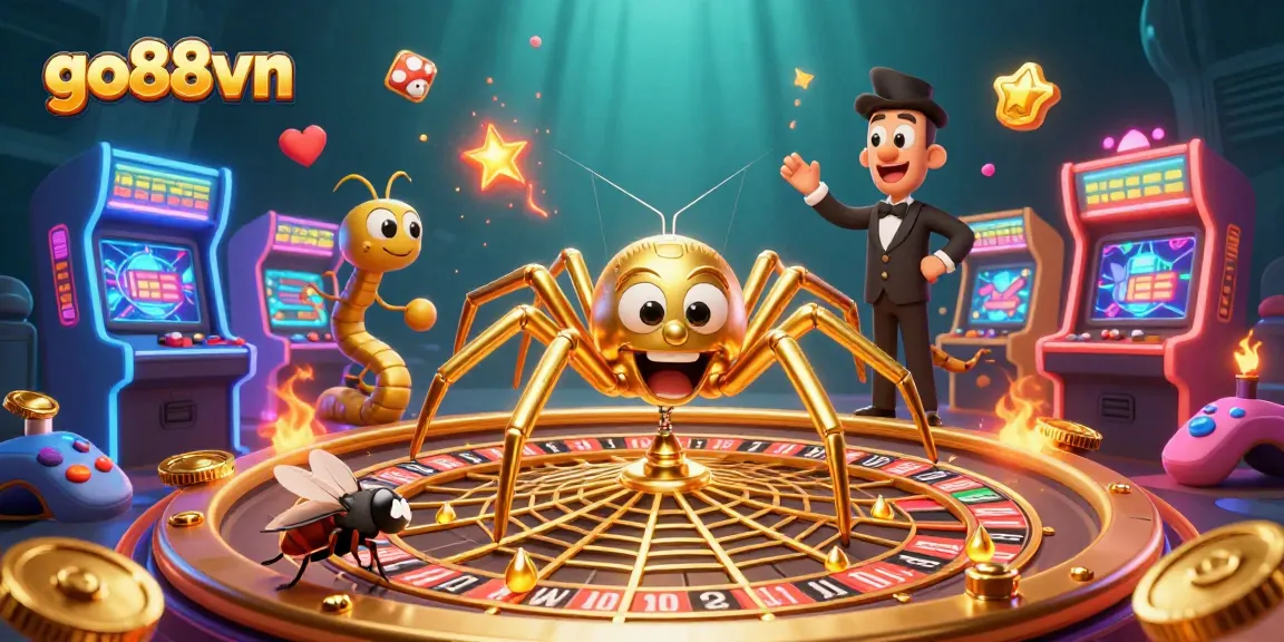 Experience the excitement of go88vn with a thrilling casino adventure featuring a roulette wheel web spun by a golden spider.
