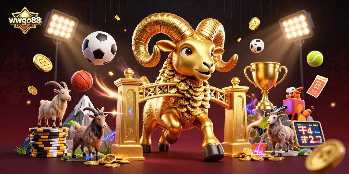 Engage with wwwgo88 through a thrilling 3D casino scene featuring vibrant golden ram and dynamic sports elements.