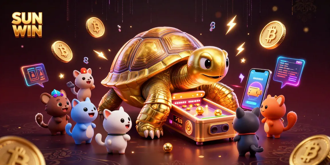 Experience exciting winnings at SUN WIN with a vibrant scene of a golden tortoise and animated gambling elements.