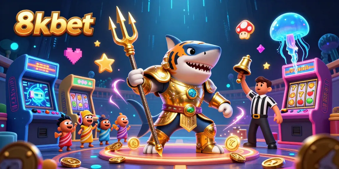 Experience thrilling gameplay at 8xbet with a vibrant underwater scene featuring a tiger shark and slots!