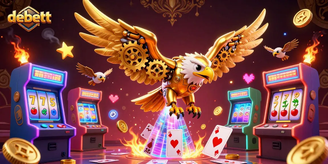 Experience thrilling gaming action with debett's colorful 3D illustration of a golden eagle navigating holographic cards.