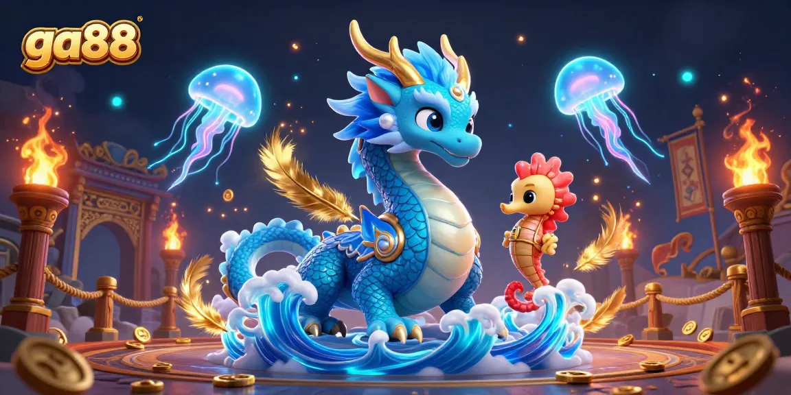 Join the excitement at ga88 featuring a water dragon and seahorse knight amidst a vibrant casino atmosphere.