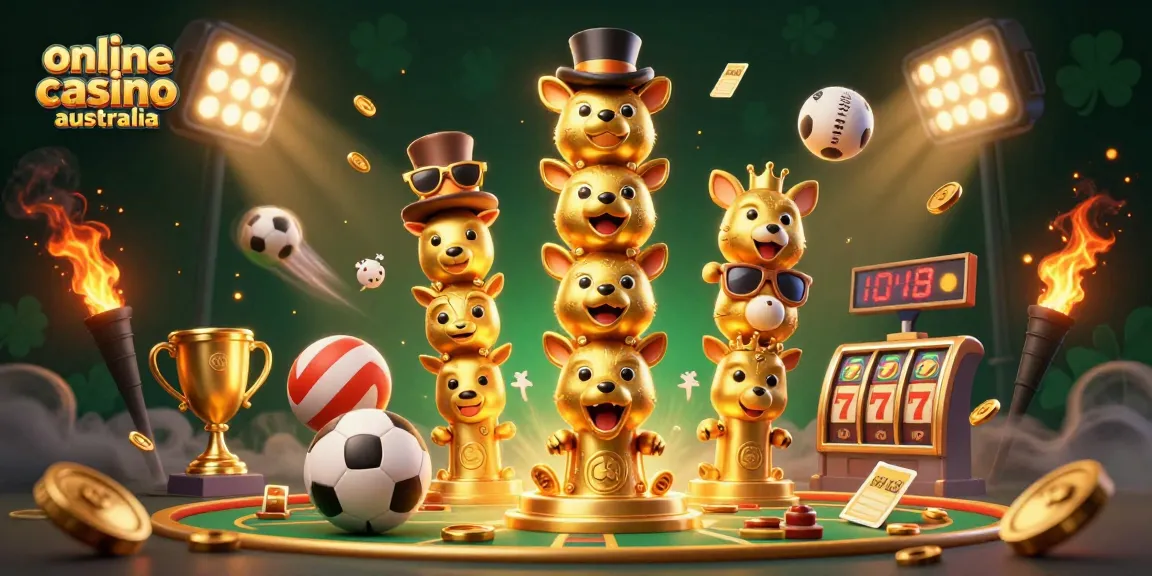 Experience the online casino Australia scene with a dynamic 3D illustration of casino-themed characters and elements.
