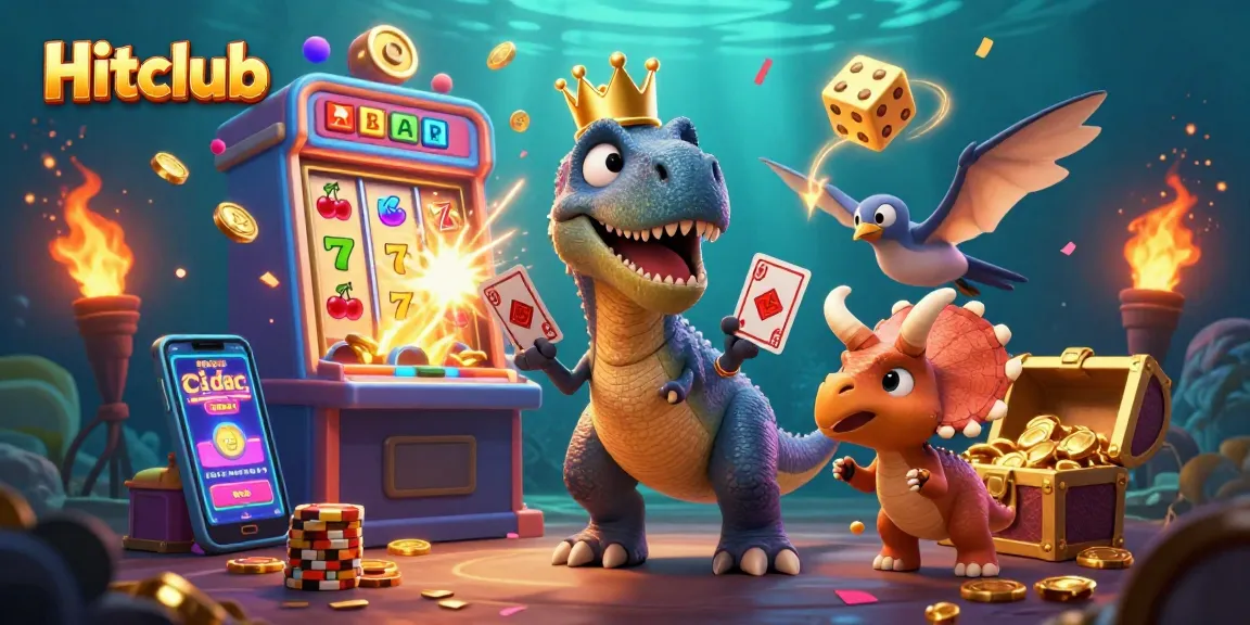 Hitclub offers thrilling casino experiences with a vibrant slot scene featuring colorful game elements.