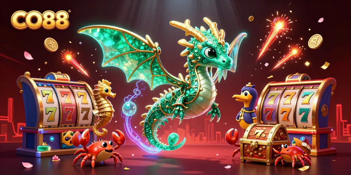 Join the excitement at CO88 with our vibrant casino illustration featuring a sea dragon and dynamic slots.