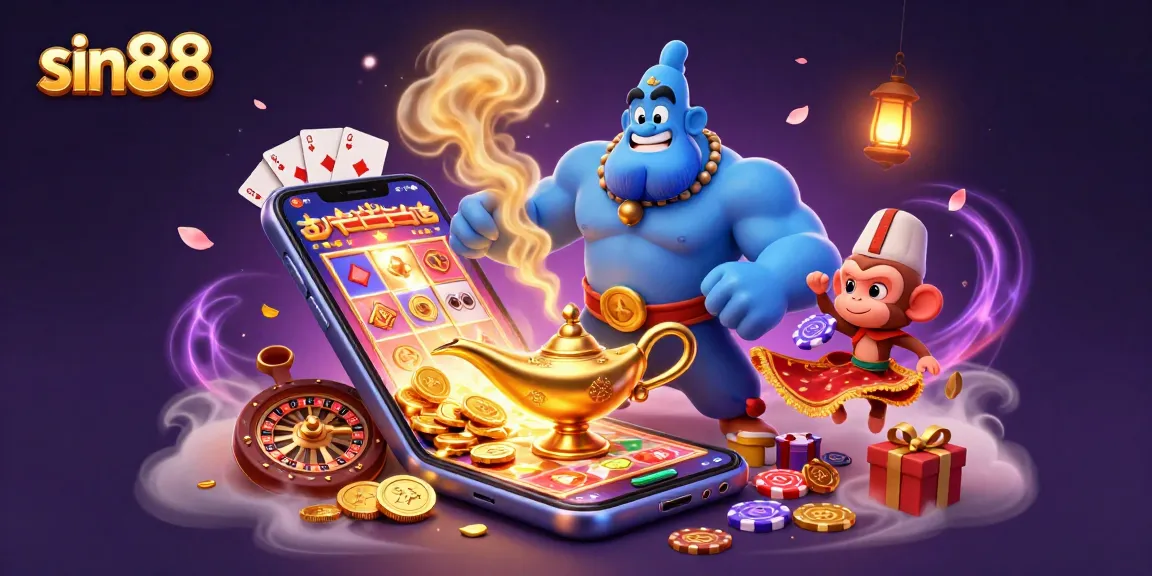 Experience the thrill with sin88 as a blue genie and monkey unveil casino magic.